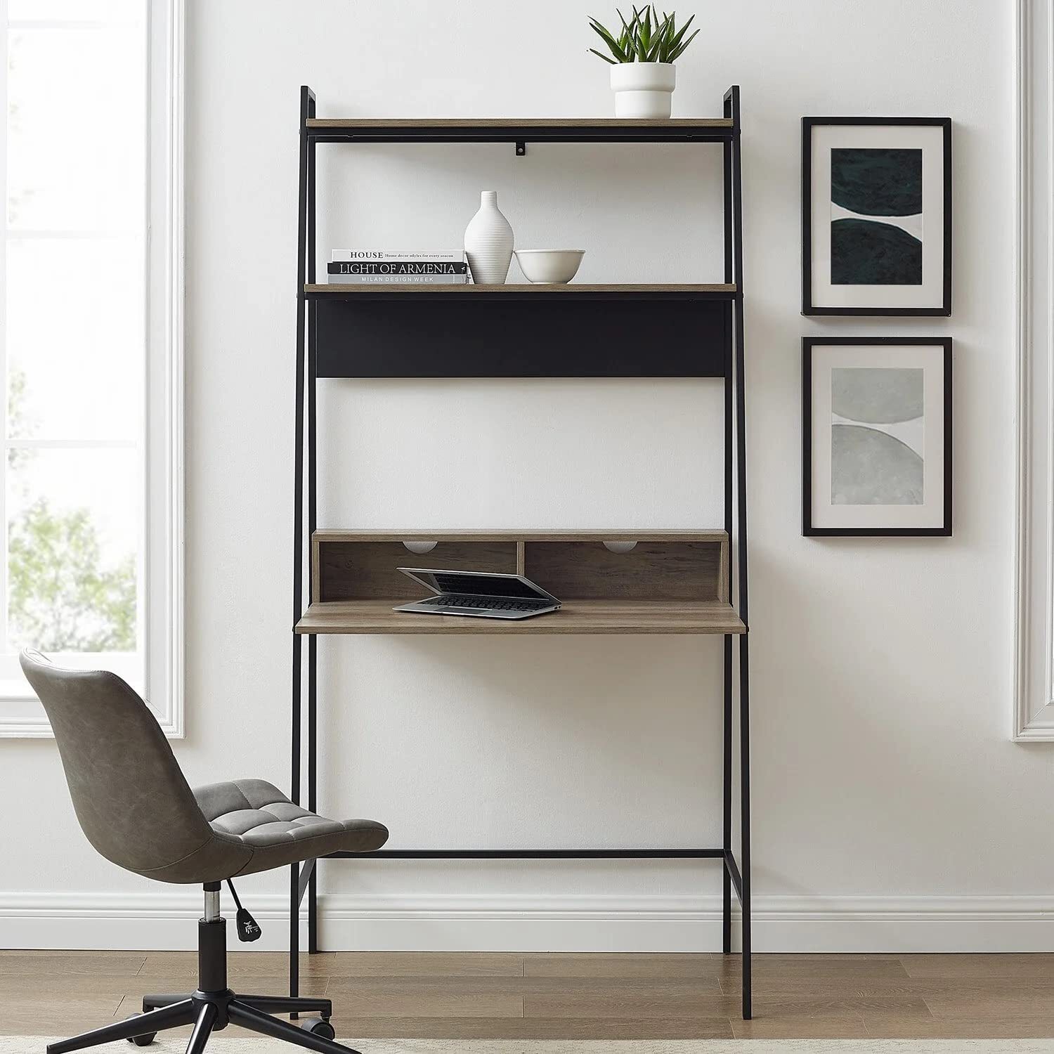 Ladder Computer Desk With Shelves - Grey