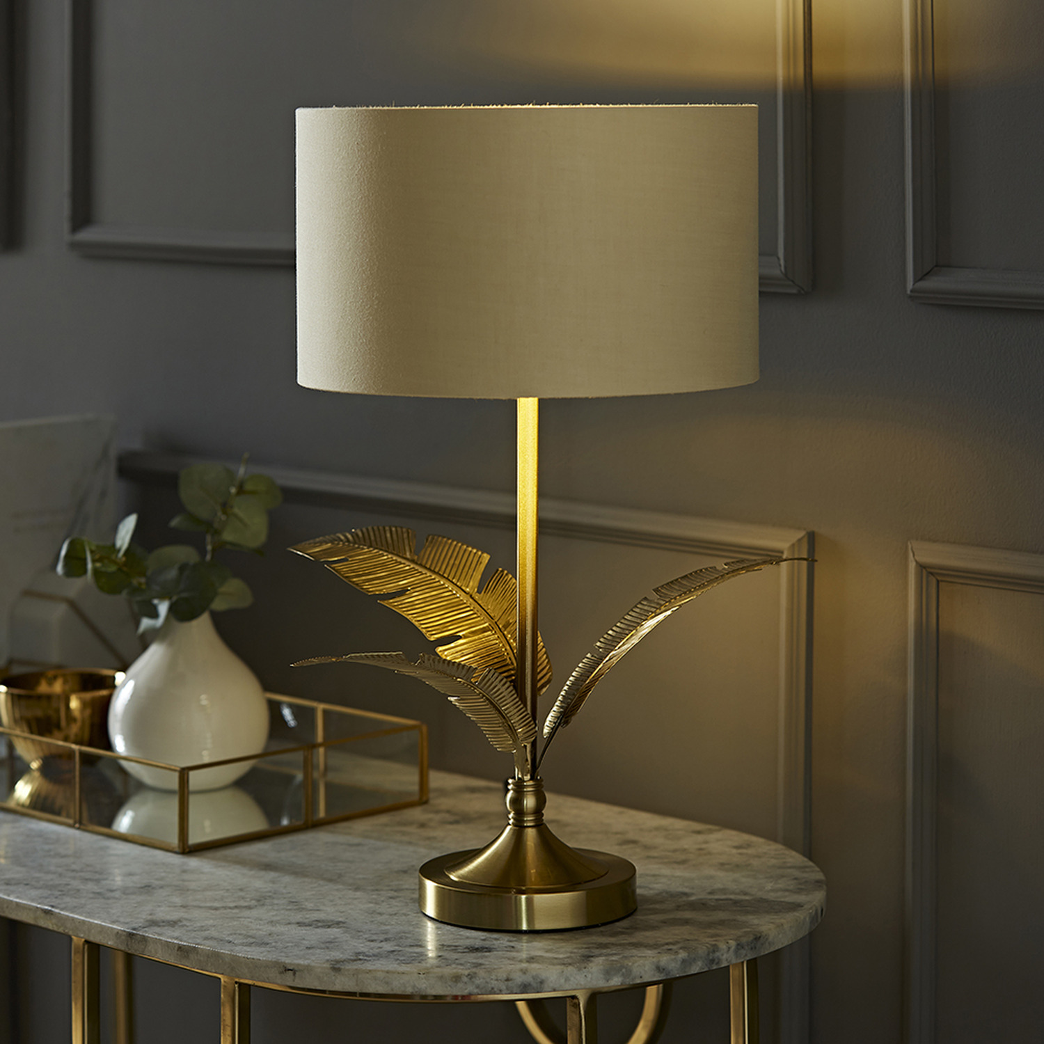 Christina Palm Leaf Table Lamp with Fabric and Metallic Shade and LED Bulb - Natural