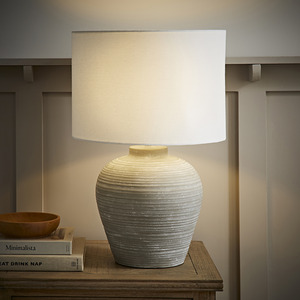Reid Large Ribbed Ceramic Table Lamp with Linen Drum Shade and LED Bulb