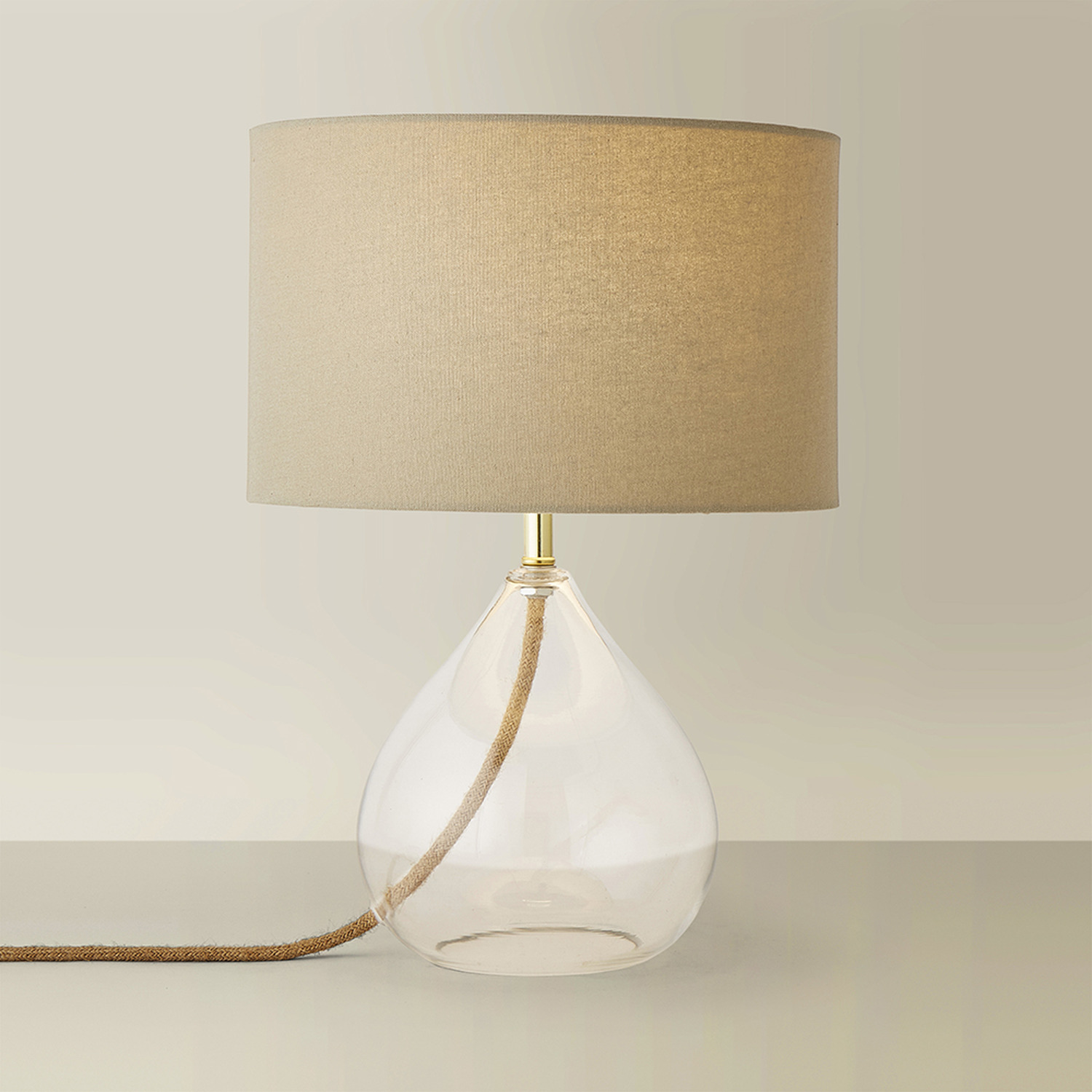 Eloise Clear Glass Table Lamp with Linen Drum Lampshade and LED Bulb - Natural