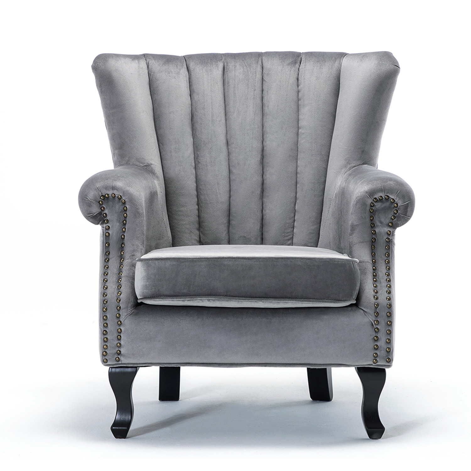 Velvet Armchair With Wingback And Studs Details - Grey