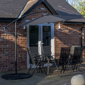 6 Seater Glass Table Chairs With Black Banana Parasol and Base
