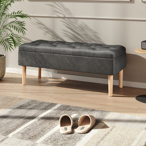 Velvet Upholstered Storage Bench with Rubberwood Legs