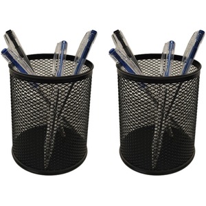 2 Black Mesh Pen Pot Holders Round Desk Tidy Organiser 8cm