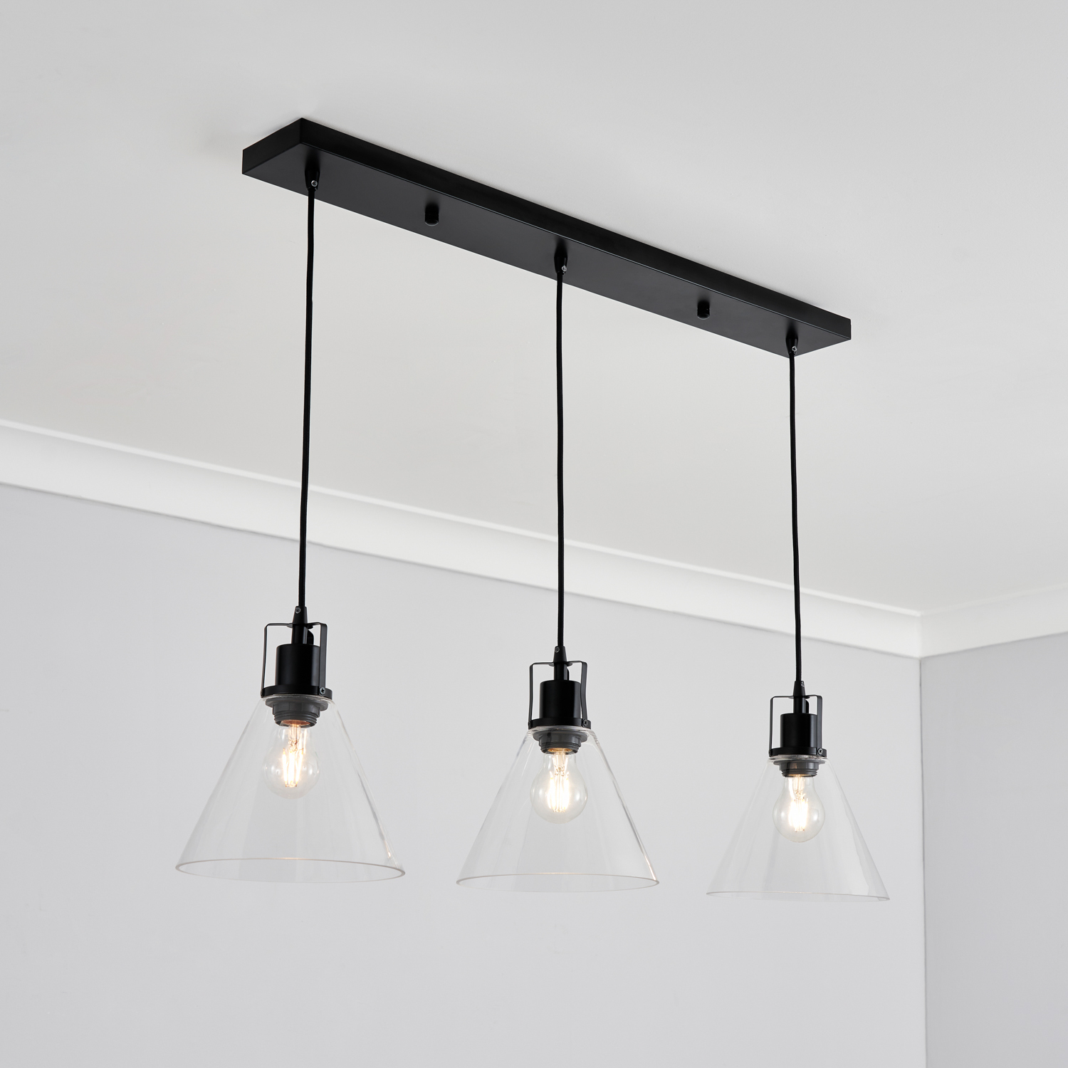 Clara 3 Light Ceiling Pendant Bar - Matte Black Clear