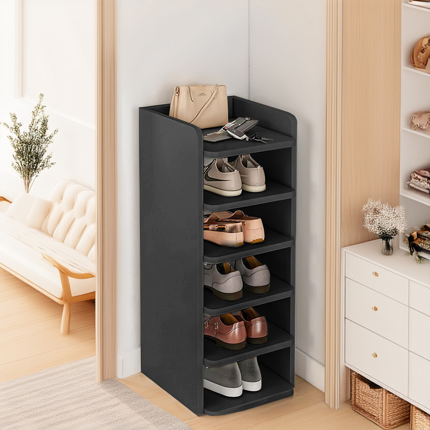 6-tier Shoe Storage Slim Vertical Rack For Entryway - Sesame Black