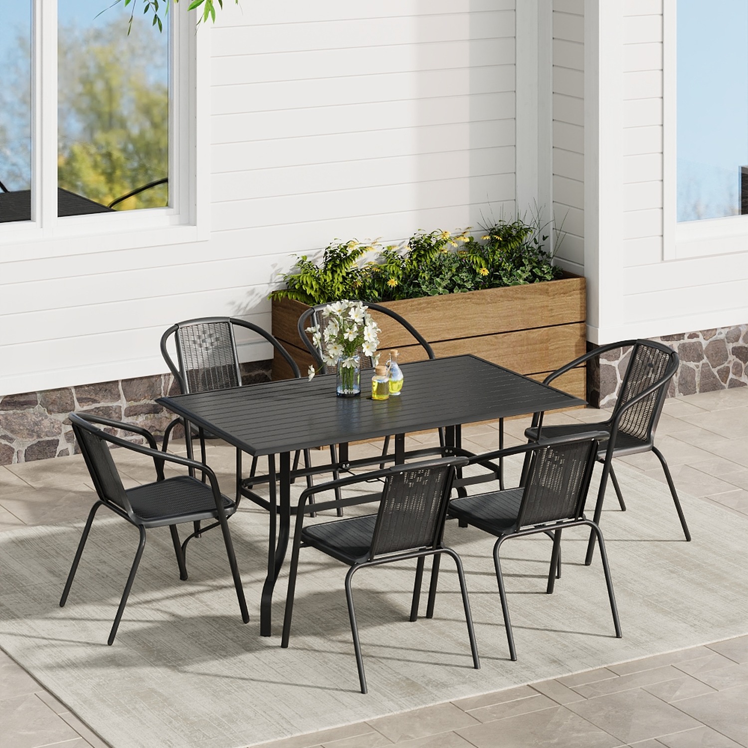 6 Seater Patio Set with Metal Slatted Table and Rattan Chairs