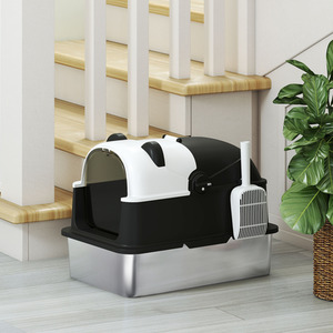 PawHut Panda Style XL Stainless Steel Litter Box Tray with Lid
