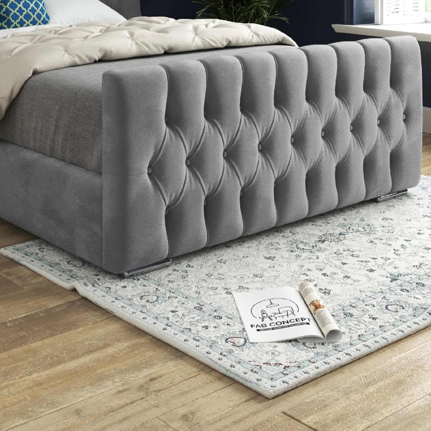 Lika Soft Velvet Upholstered Wide Curved Winged Bed Frame - Grey Small Single