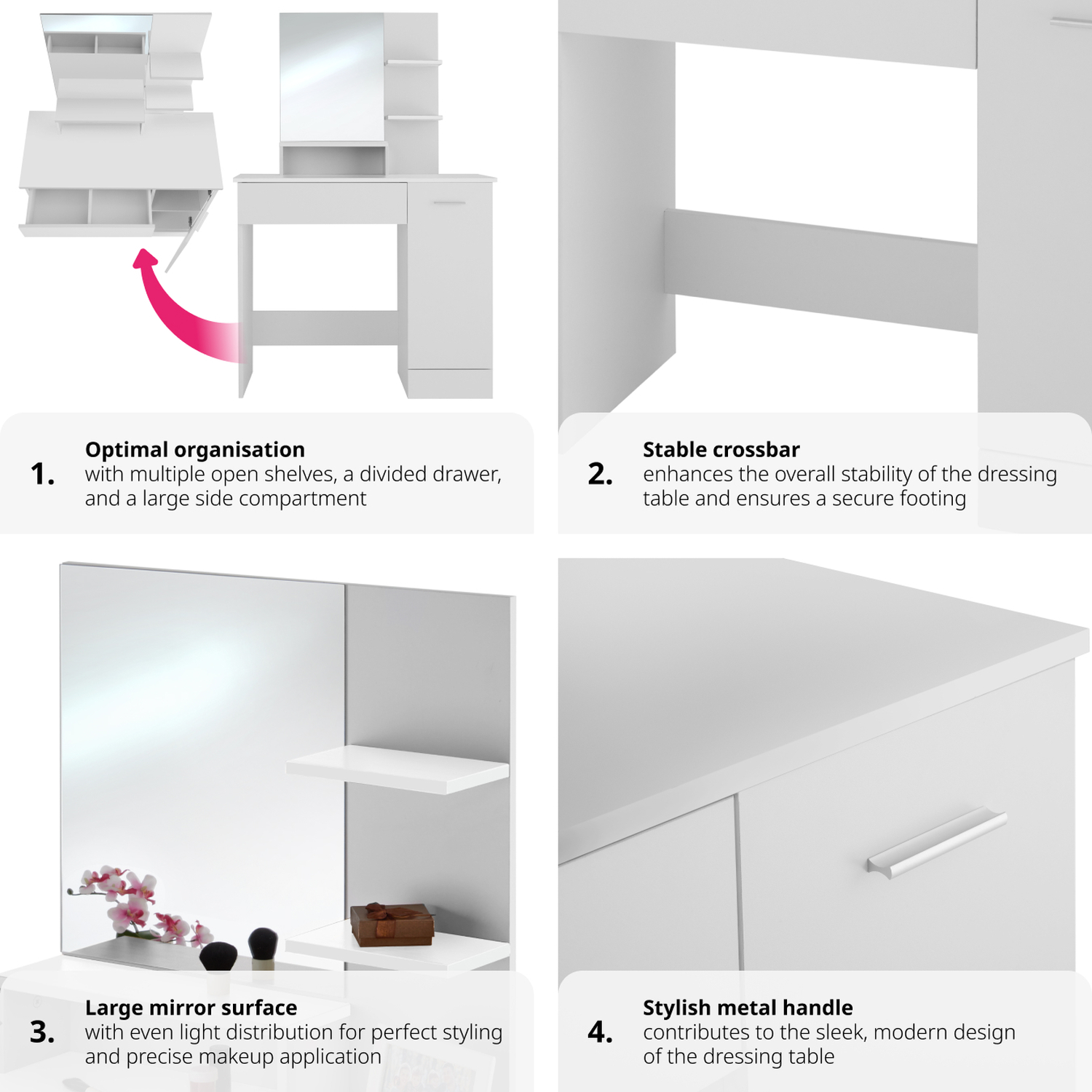 Dressing Table Zoe Drawer Mirror Cupboard And Storage Shelves - White