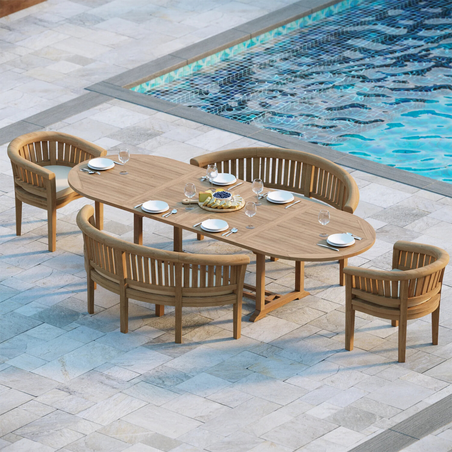 Lisbon Teak Garden Dining Table And 4 Seat Chair Set - Teak Table 2 Chairs 2 Benches Green Cushions