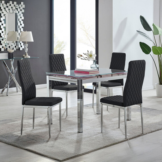 Enna White Glass Extending Modern Kitchen Dining Table and 4 Milan Chairs