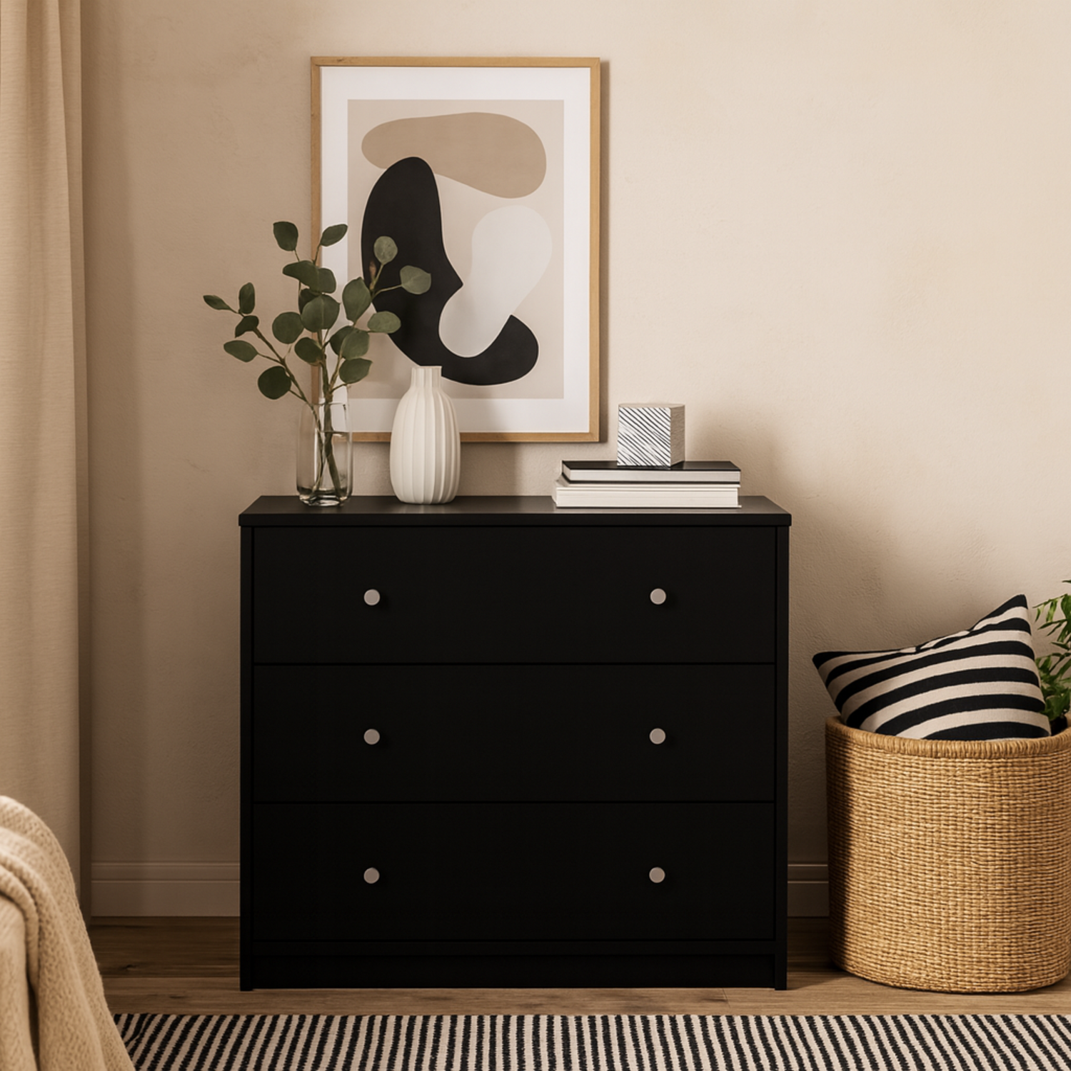 Tainan 3-drawer Chest Of Drawers Compact Matt Black Wood Dresser - Black