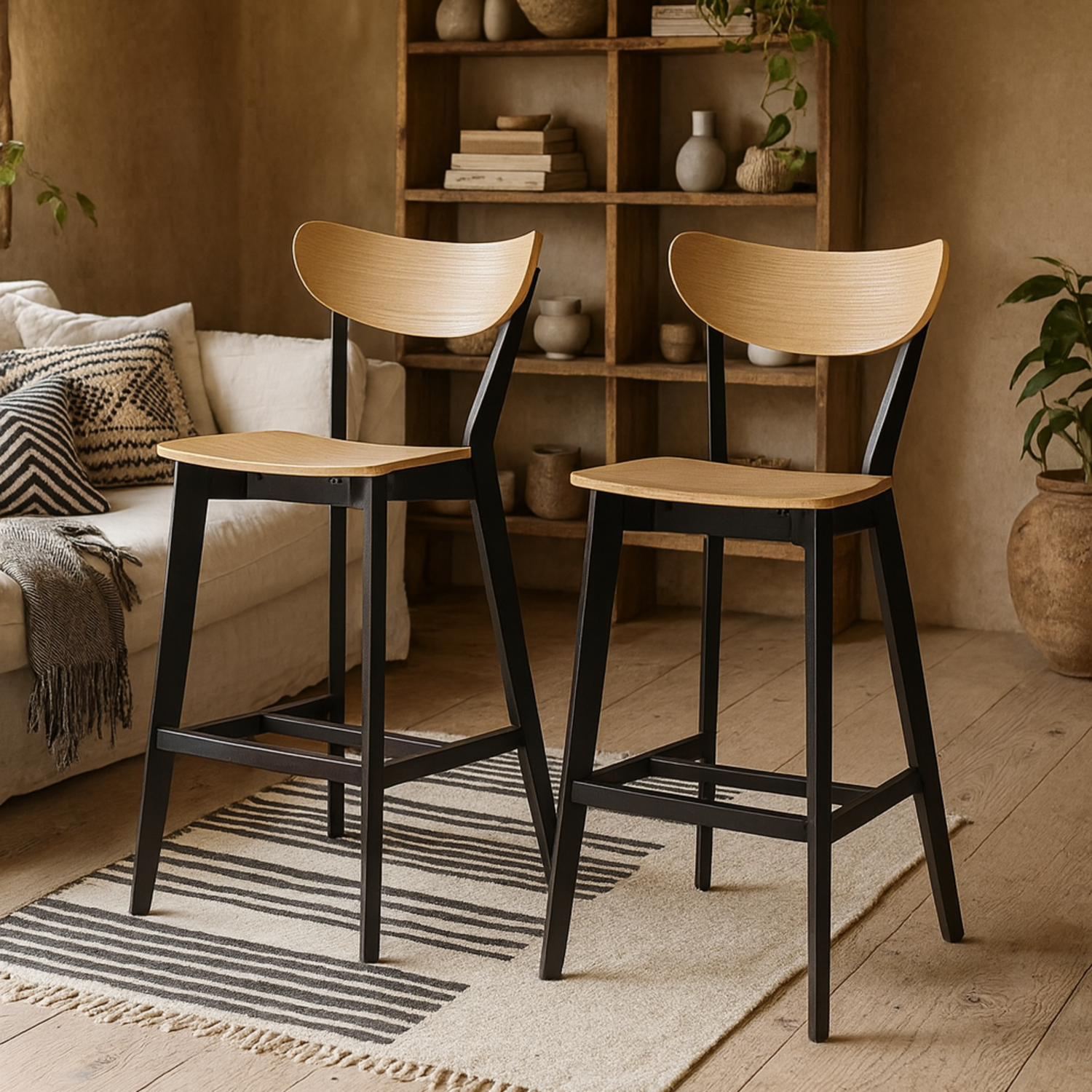 Wyld Haus Saffron Bar Stools Set of 2, Oak Veneer Seats, Matte Black Base - Natural