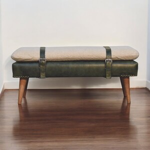 Solid Wood Bouclé Buffalo Hide Olive Green Leather Bench