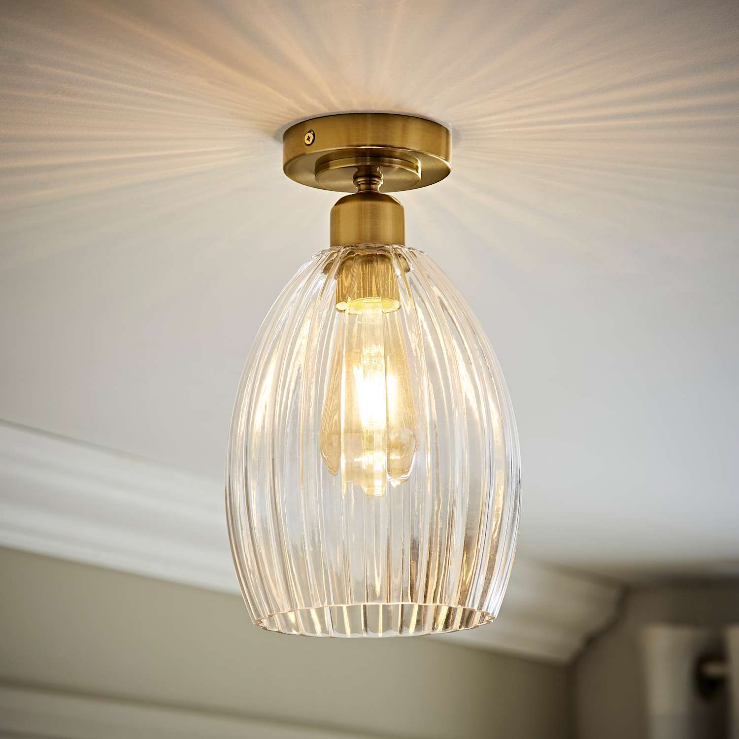 Valuelights Cheltenham Flush Ceiling Light With Ribbed Shade - Brushed Gold