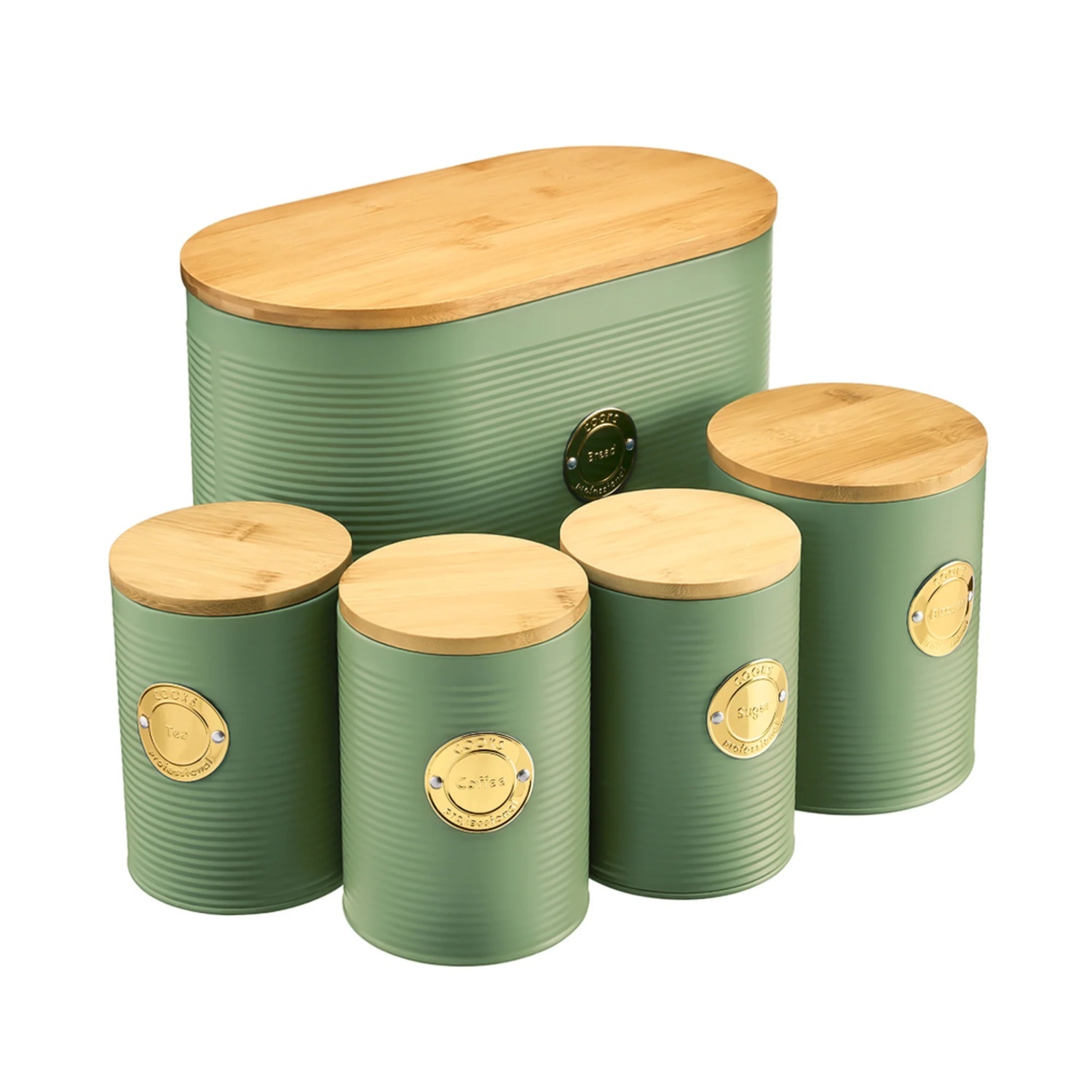 Cooks Professional 5 Piece Ribbed Kitchen Storage Set with Bamboo Lids | Tea, Coffee, Sugar, Bread & Biscuit Cannisters, Airtight Lids, Modern & Stylish Stainless Steel Design | Green & Gold - Image 4