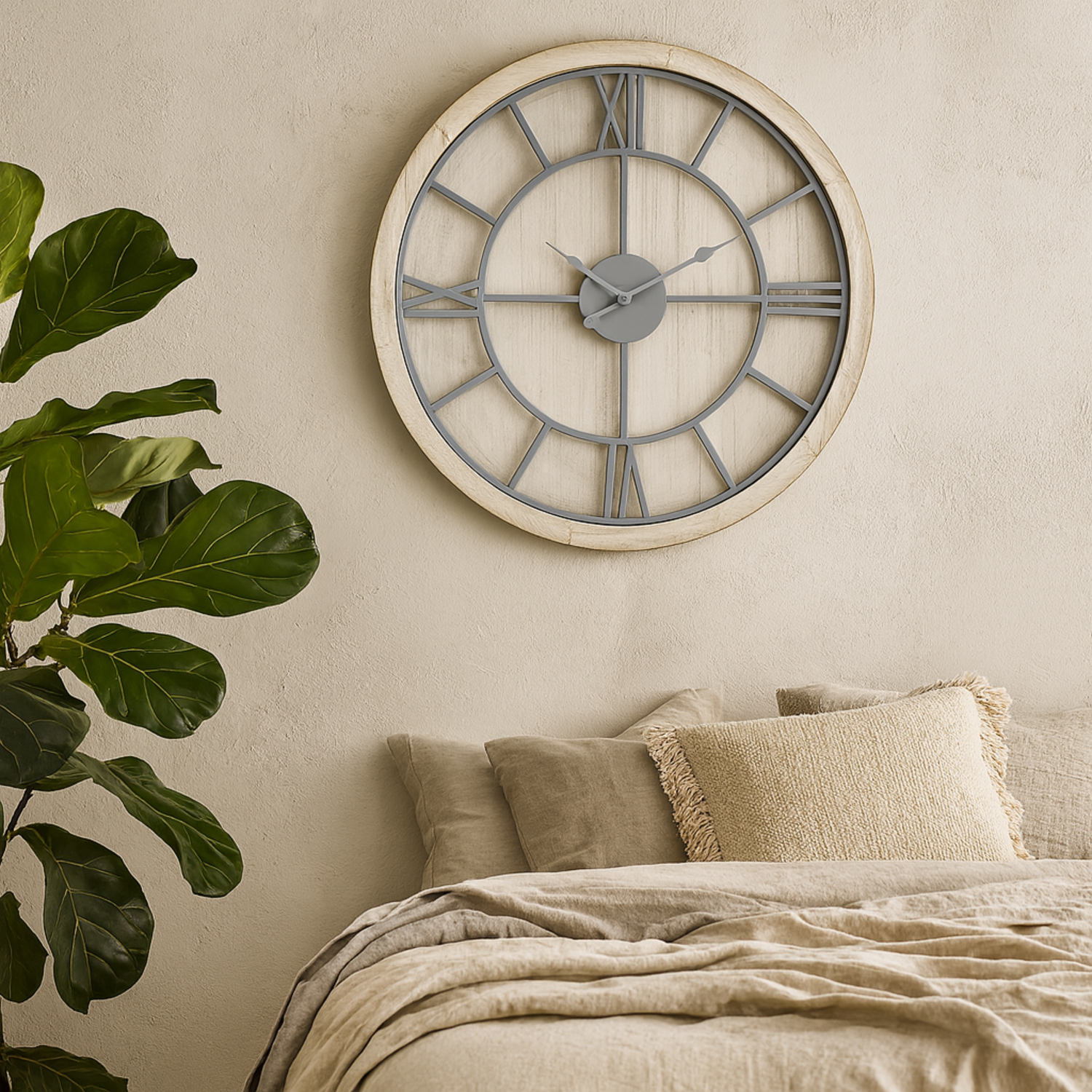 Washed Round Rustic Skeleton Wall Clock - White