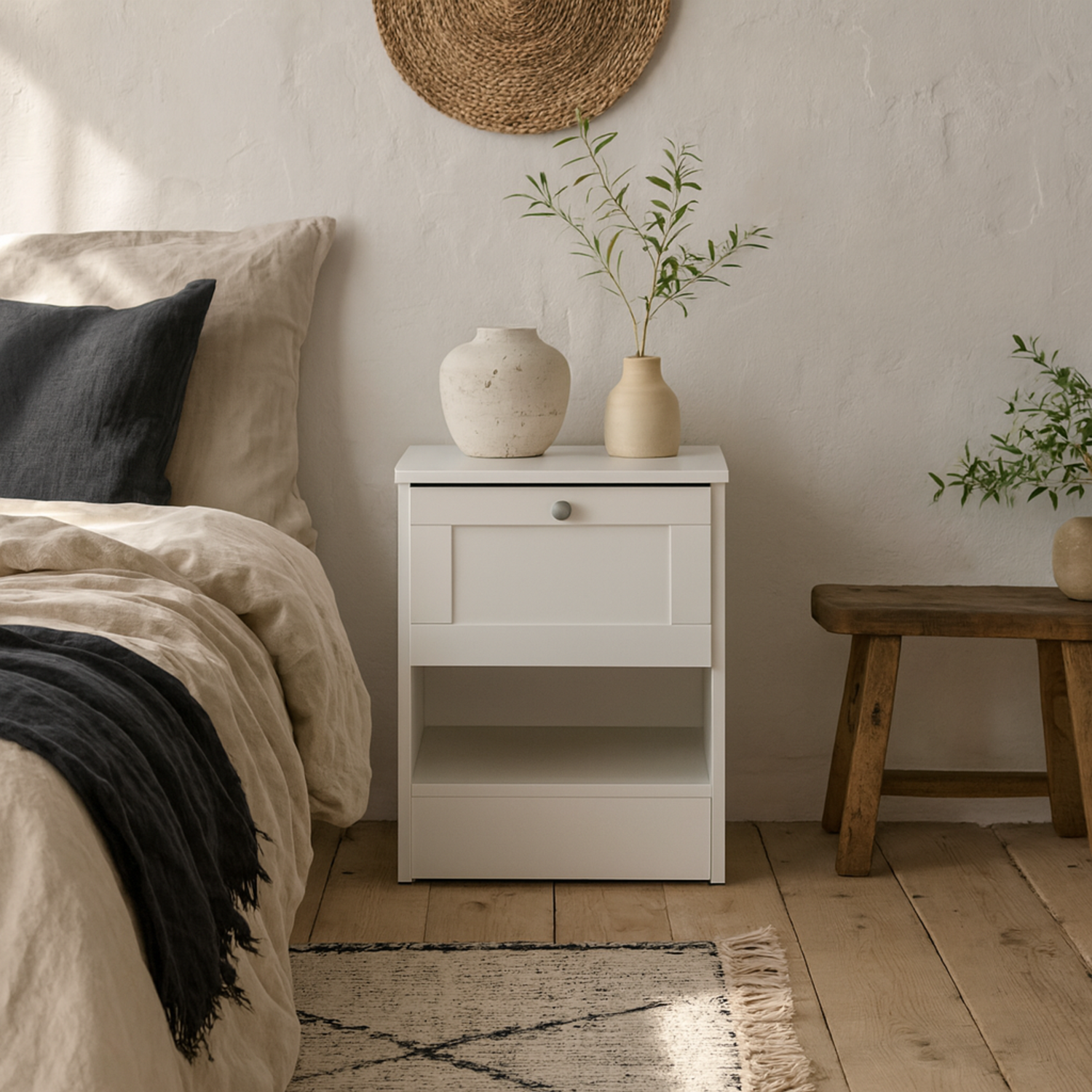 Cherryfern Bedside Table 1 Drawer and Open Shelf Matt Finish - White