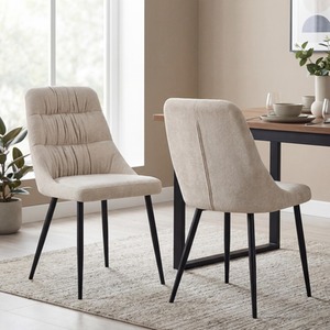 Winslow Pair of Natural Chenille Fabric Dining Chairs with Black Metal Legs