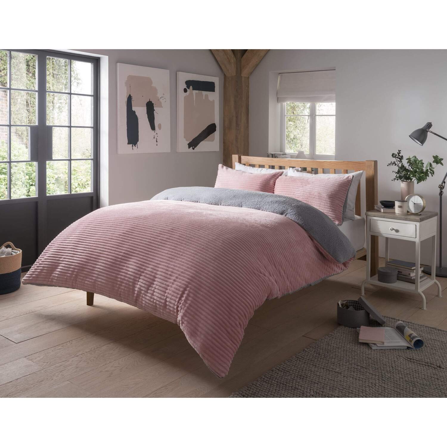 Ribbed Fleece Teddy Reversible Duvet Set - Blush Pink Single