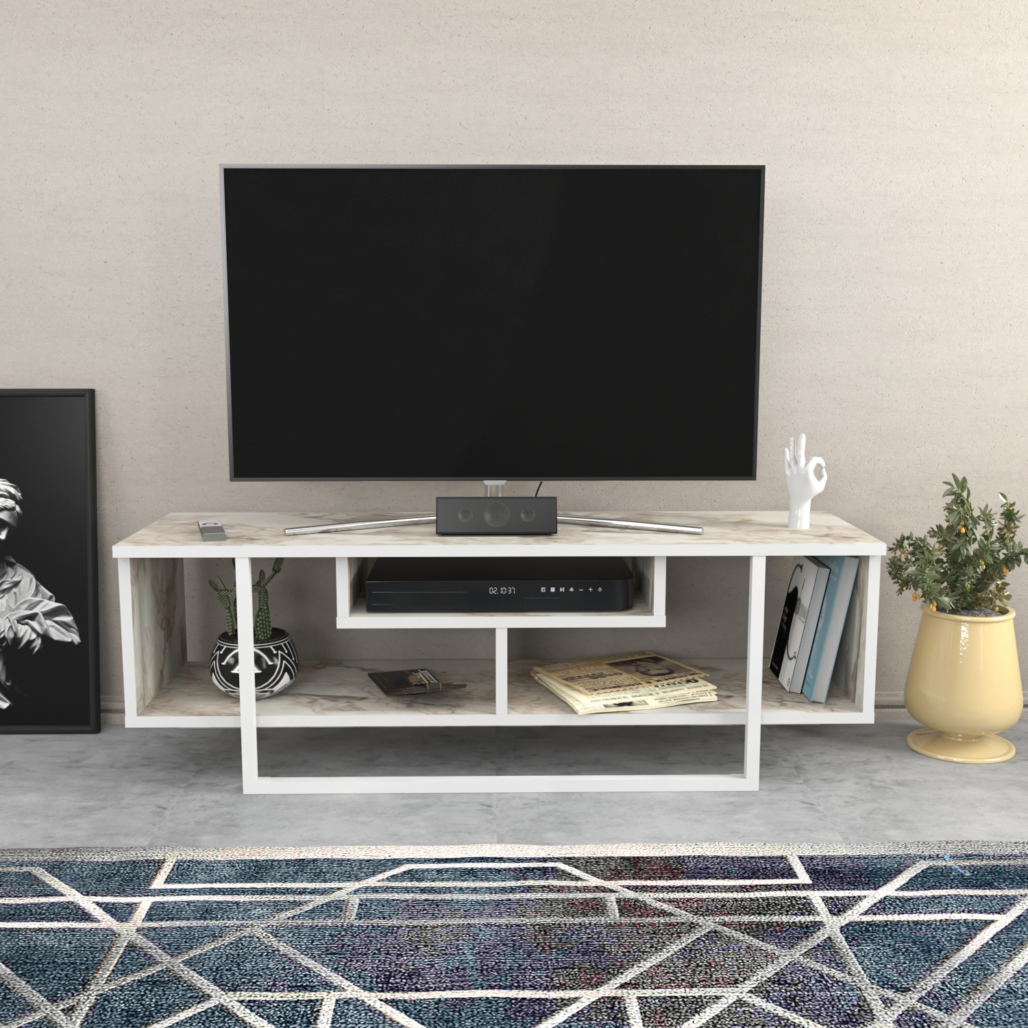Asal TV Unit - White Marble Effect and White / 0cm / 402.00cm / 47in