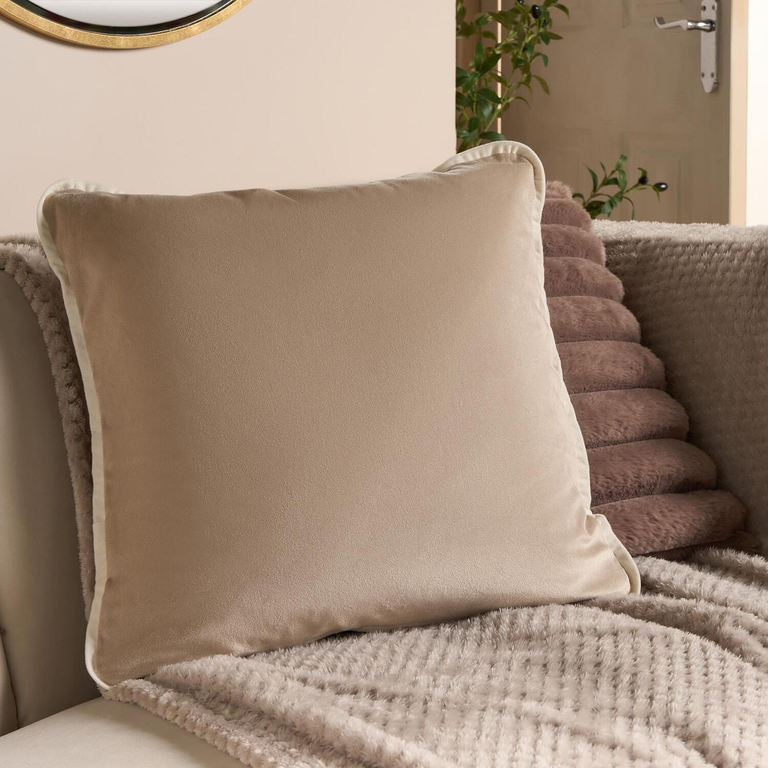 OHS Matte Velvet Piped Edge Cushion Covers - Mink / Machine washable at 30°C. Tumble dry friendly. Do not bleach or iron. / 2