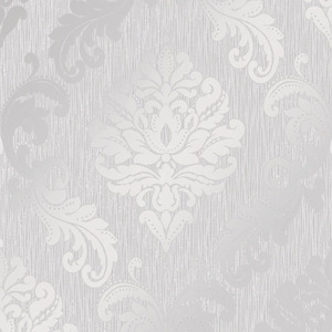 Sample of Chelsea Glitter Damask Wallpaper in Soft Grey and Silver