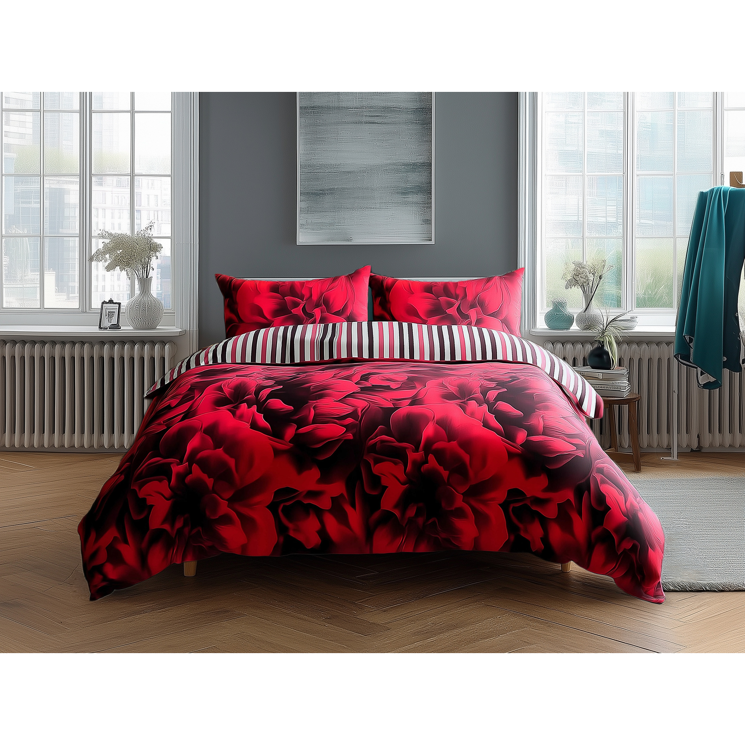 Snug City Duvet Cover & Pillowcase Set Reversible Rose & Stripe Design Polycotton Bed Linen in Red | Size: Single