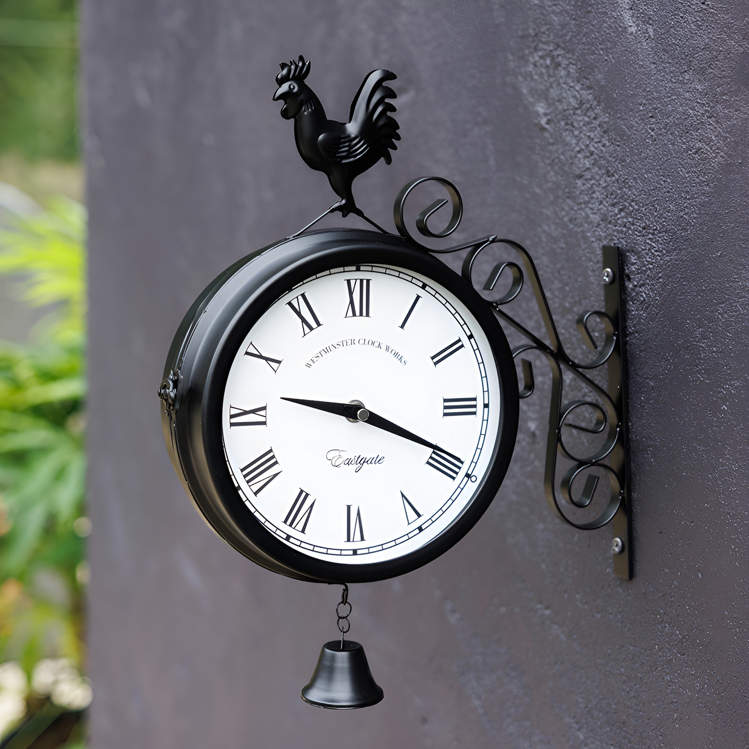 Primrose Double Sided Station Wall Clock with Bell Cockerel Black Bracket 30cm