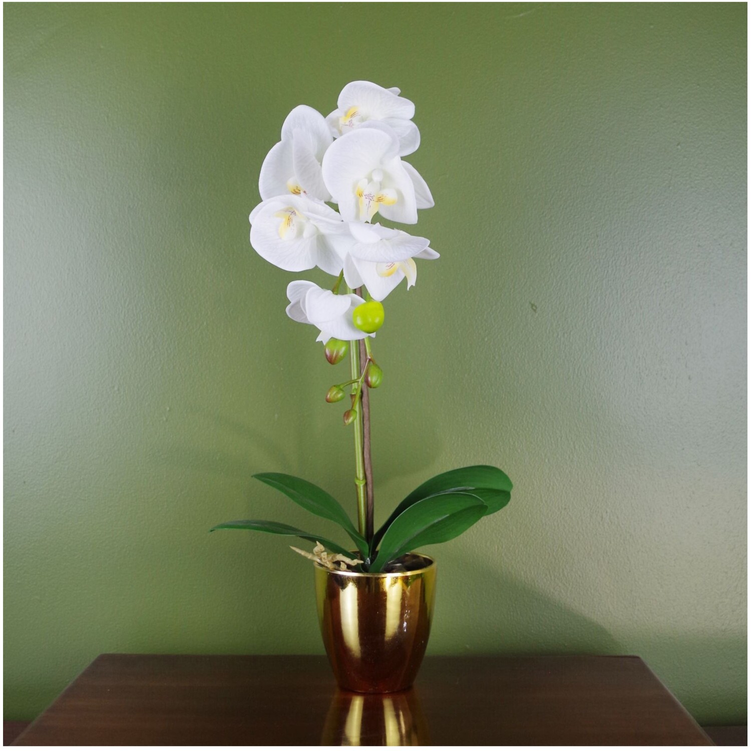 46cm Artificial Orchid with Real Touch Leaves in Decorative Pot - White