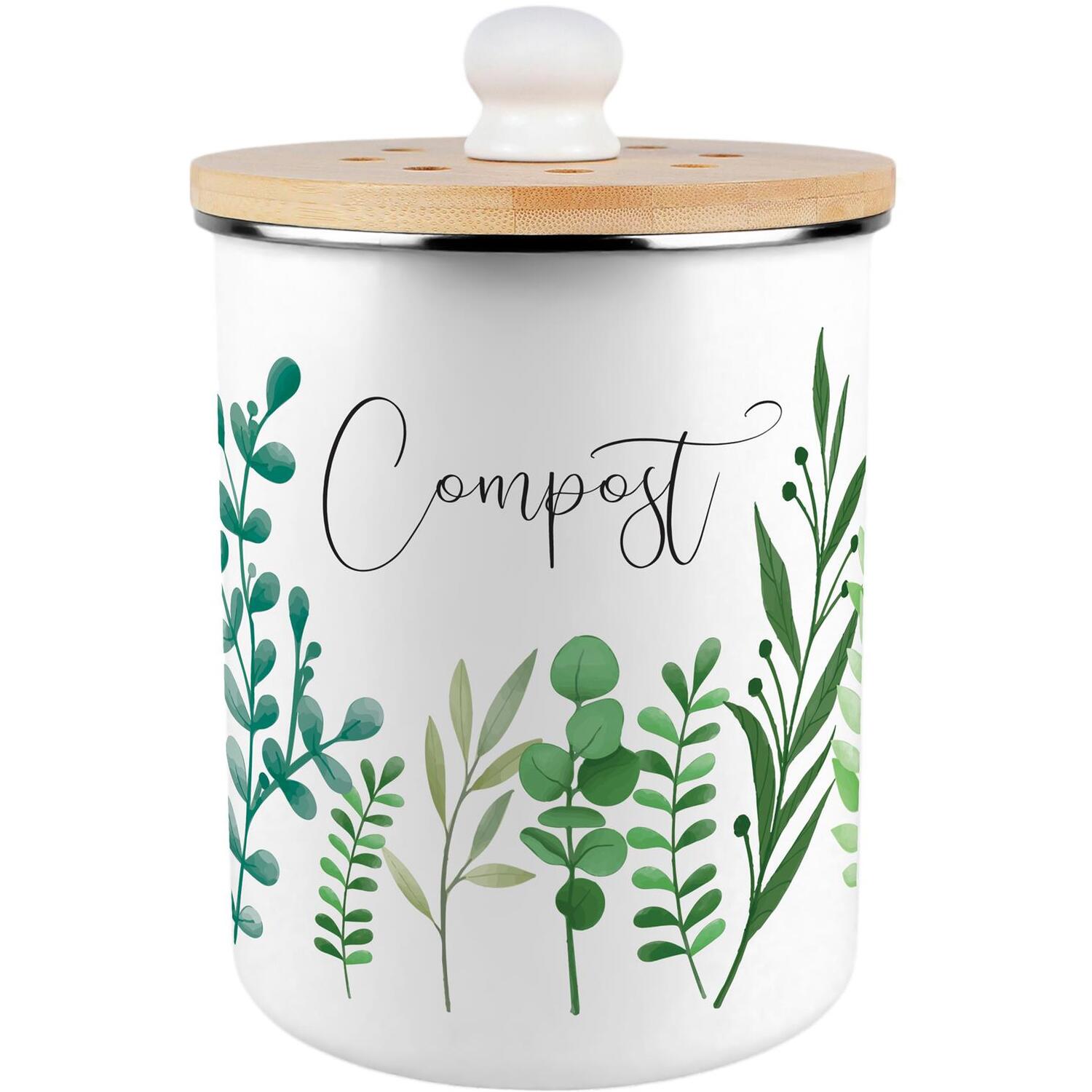 Purely Home Green Plant Foliage Compost Caddy - Metal 2L Decorative Kitchen Food Waste Bin - Green