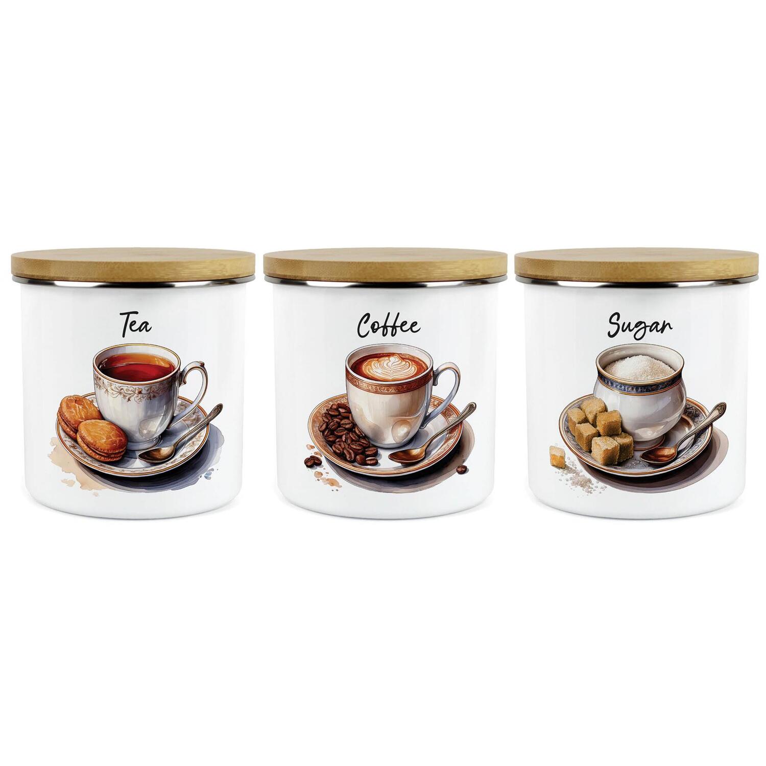 Cup & Saucer Tea, Coffee & Sugar Canister Set - Kitchen Storage Container Gift - Image 3