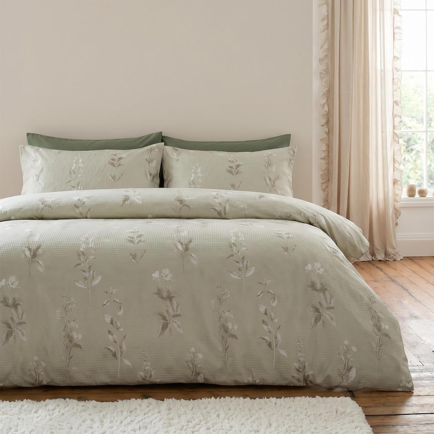 OHS Botanics Embossed Waffle Duvet Cover Set with Pillowcase in Stone | Size: Double