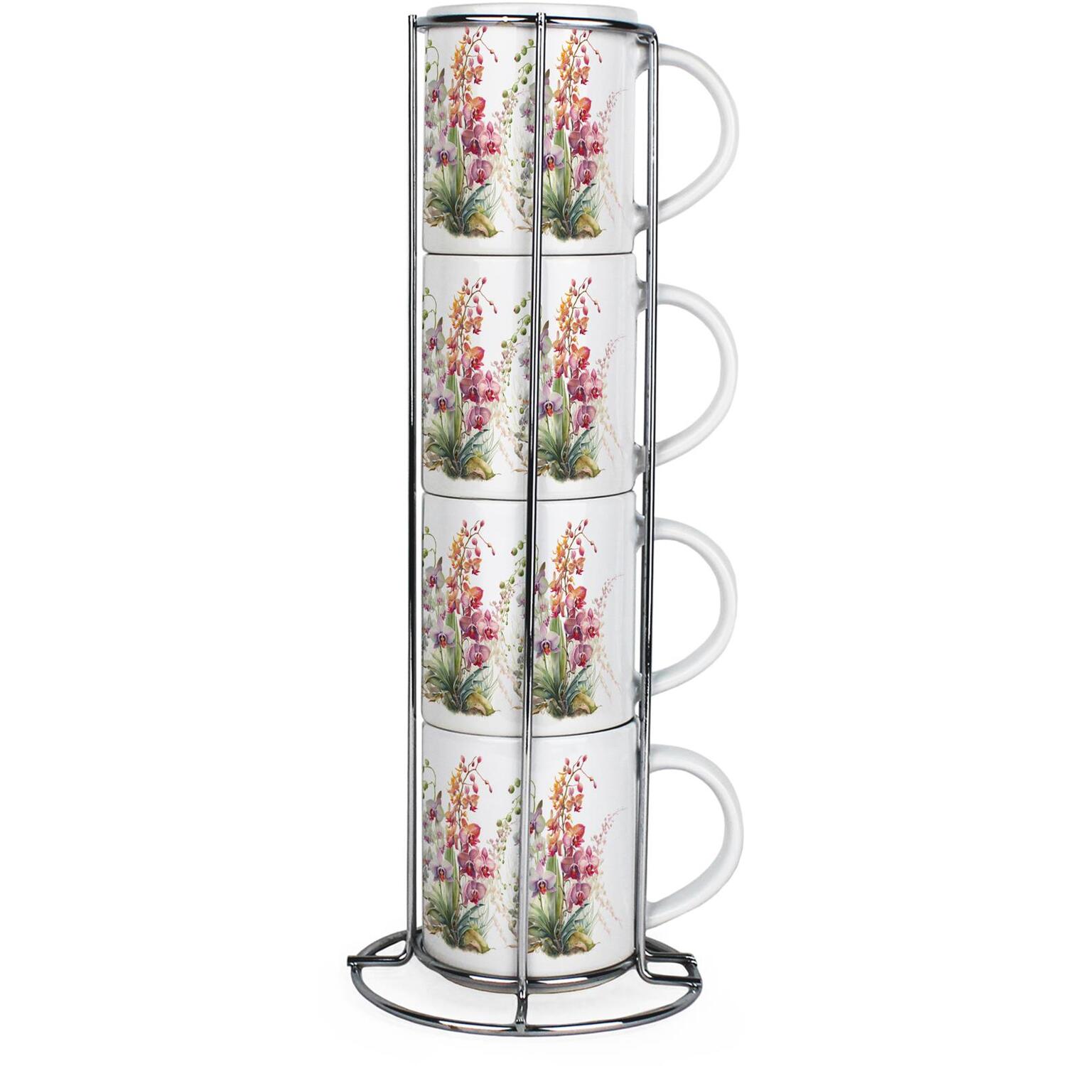 B&Q -  Orchids Stacking Mugs SetFloral Presents For HerSet Of 4 Ceramic Mugs Gift Set With Metal Stand - Image 3