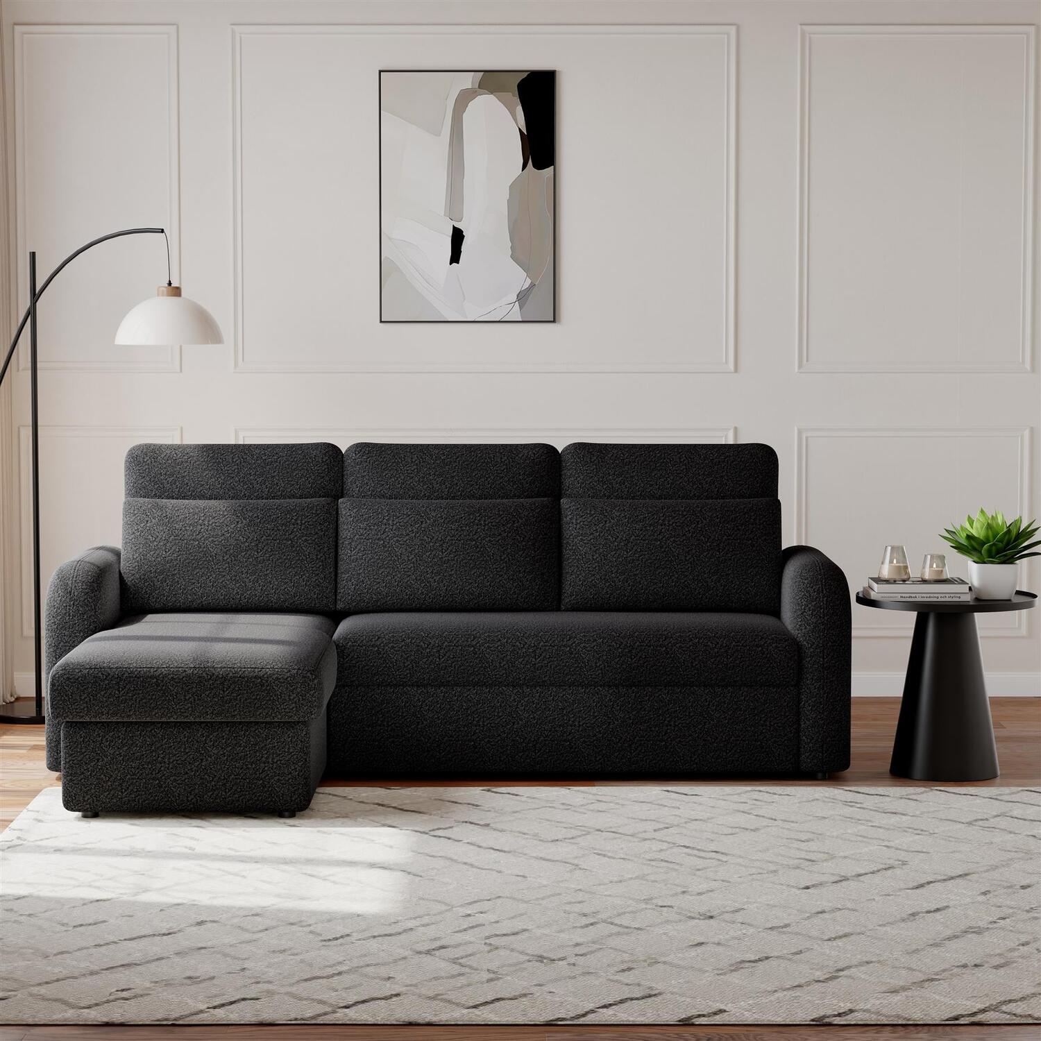 B&Q - L-Shape 3-Seater Boucle Sofa BedModern Pull-Out Bed With Cushions For Living RoomBed: 149Cm (W) 190Cm (L)Black - Image 6