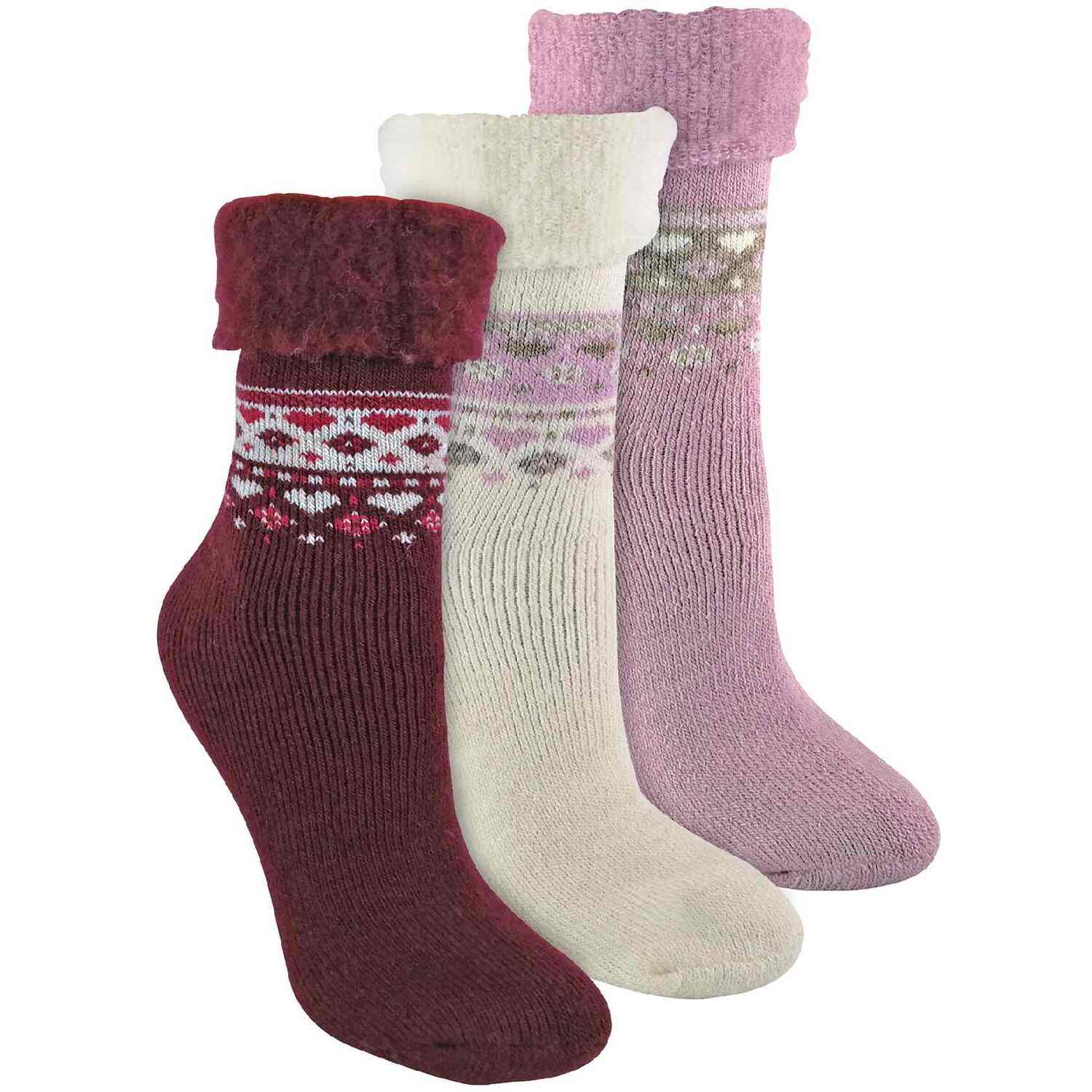 Sock Snob Womens 3 Pack Ladies Wool Nordic Design Bed Socks - Deep Fuchsia / Pink / Cream - Multicolour - Size UK 4-8 - Image 3