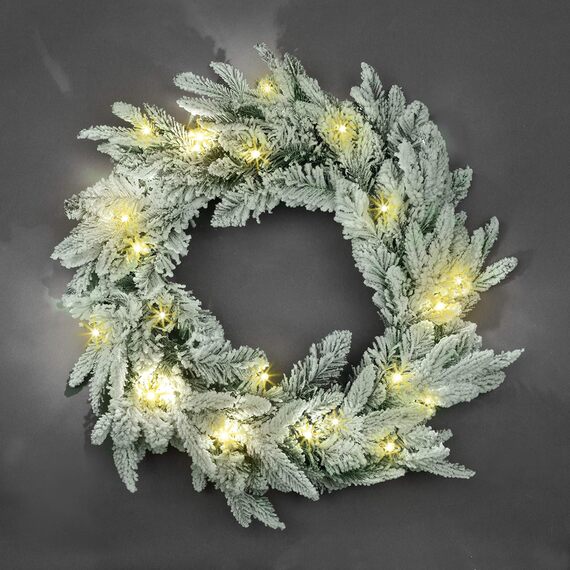 55cm Prelit Lapland Fir Green Christmas Wreath Warm LED Front Door Decor