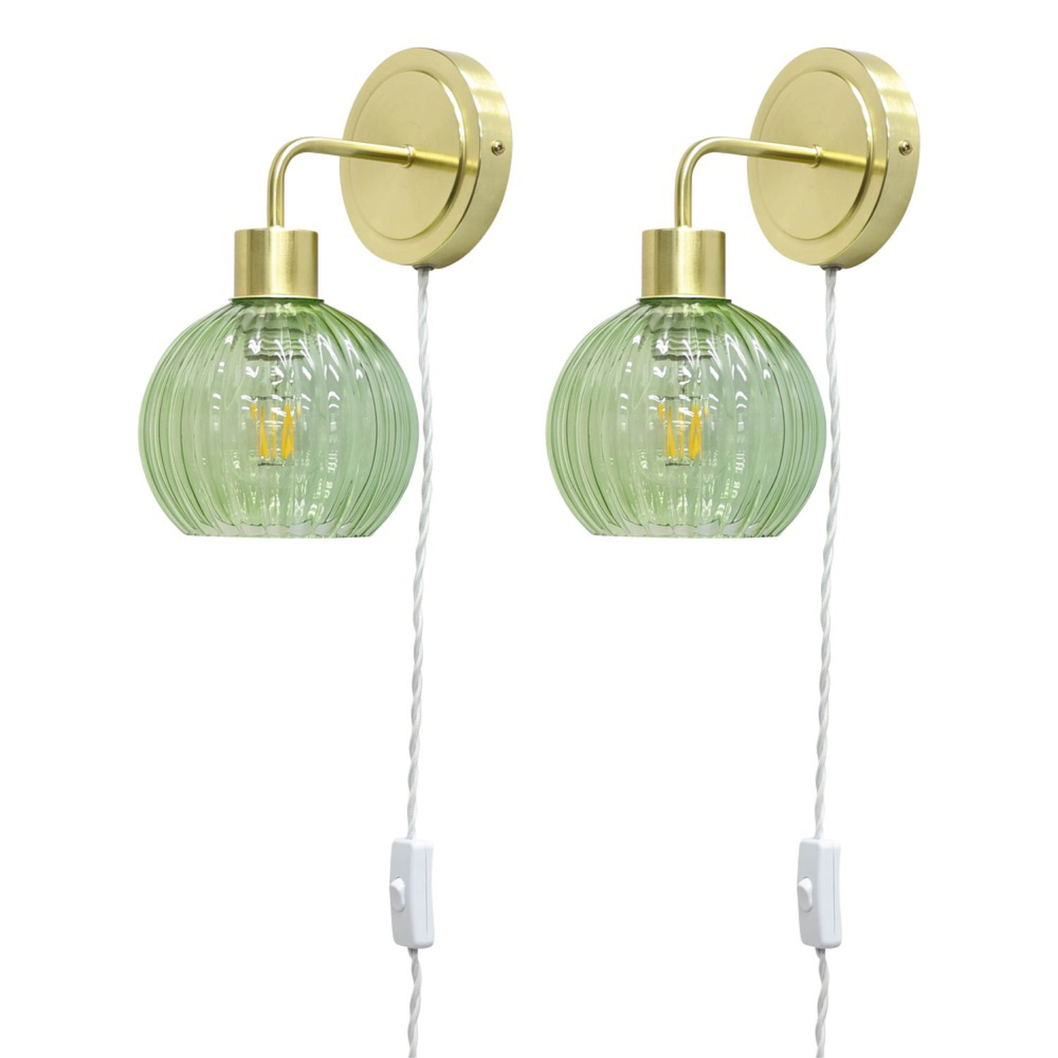 First Choice Lighting Set Of 2 Toby Satin Brass Plug In Wall Lights Green Ribbed Shades - Satin Brass & Green