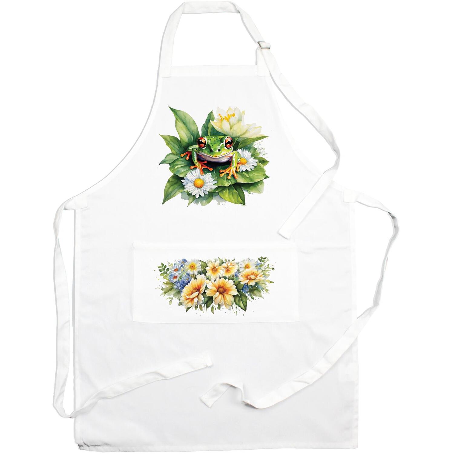 Purely Home Frog Kitchen Apron With Adjustable Ties & Pocket - White