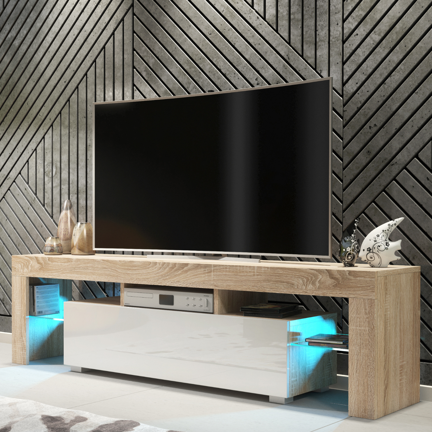 Mex Furniture Ltd Aria Tv Unit & Led B - Oak With White Gloss Doors