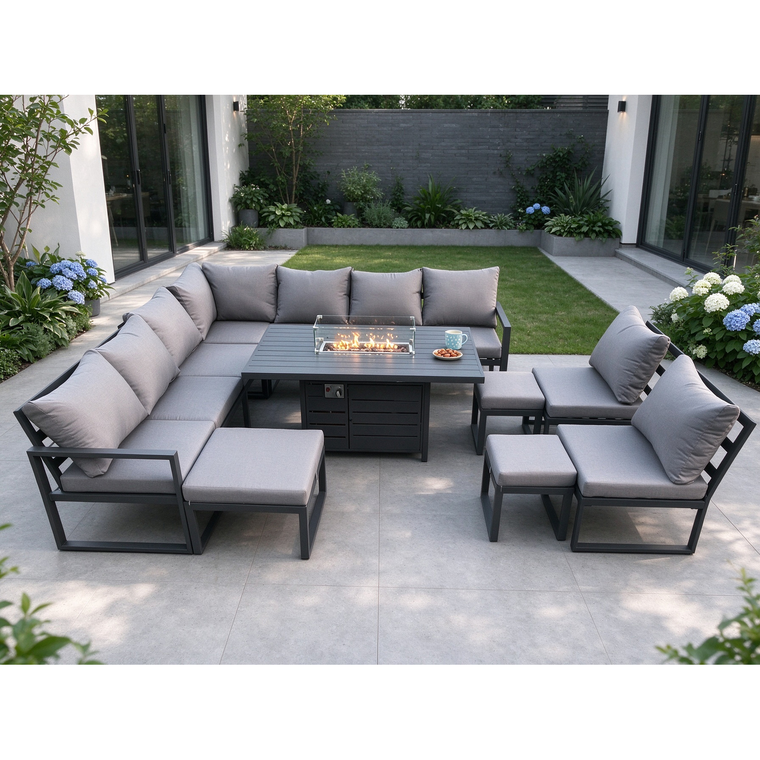 Fimous Dark/Grey Aluminium 12 Seater Lounge Corner Sofa Outdoor Garden Furniture Sets Gas Fire Pit Dining Table Set With 3 Footstools - Image 2