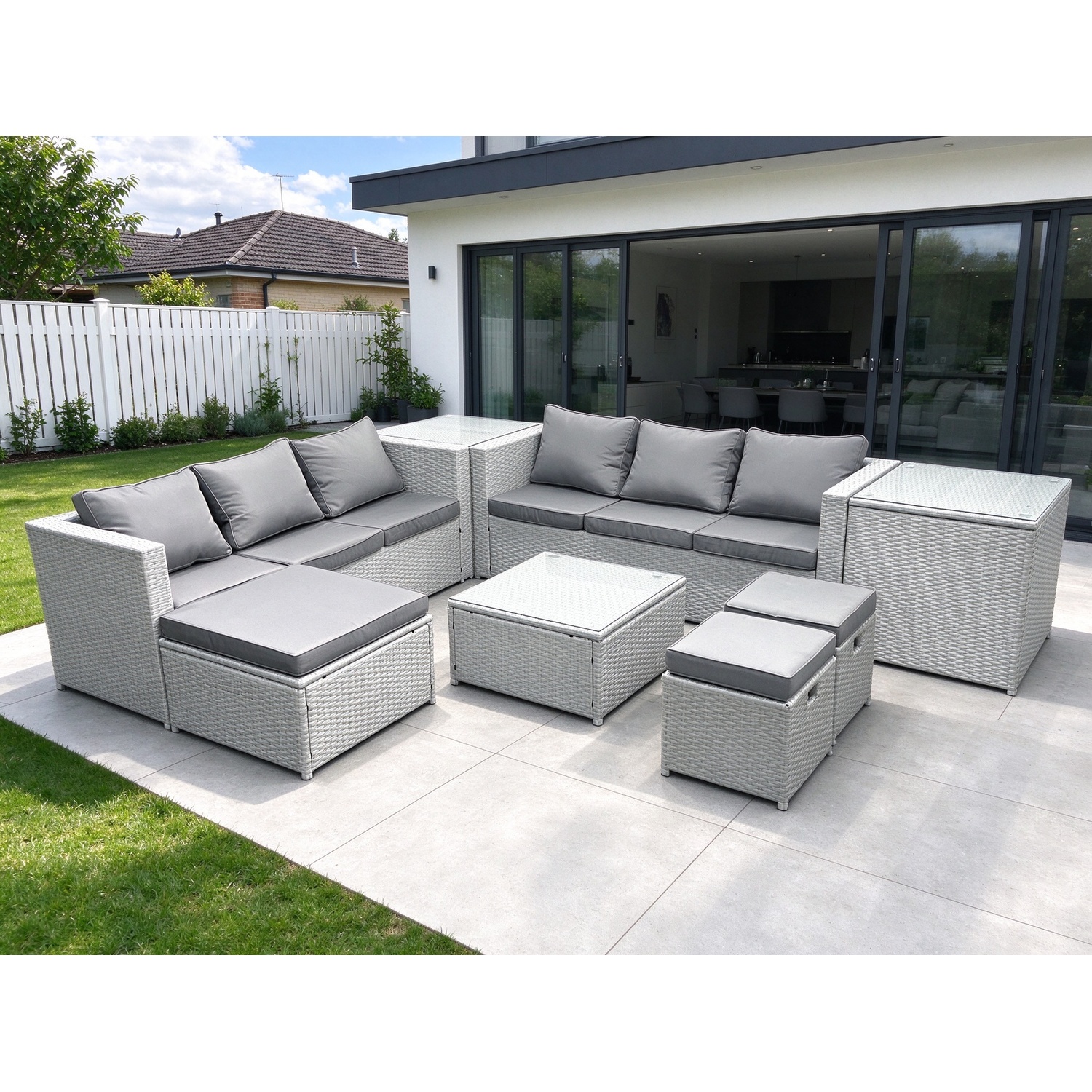 Fimous Light/Grey Rattan Garden Outdoor Furniture Set 9 Seater Rattan Garden Sofa Set With 3 Footstools 2 Side Tables Mixed - Image 2