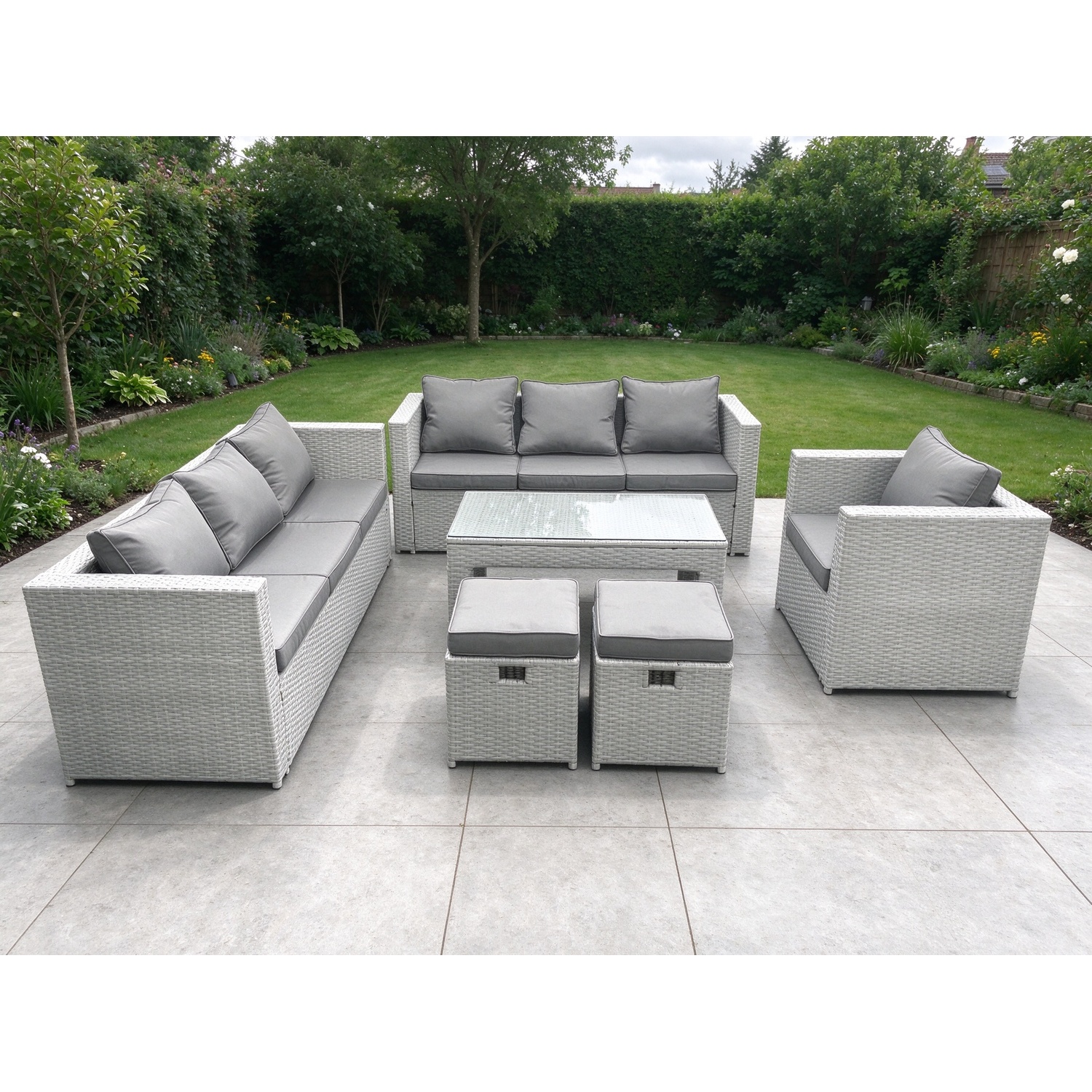 Fimous Unisex Light Grey Wicker Pe Rattan Sofa Garden Furniture Set With Oblong Coffee Table Armchair 2 Footstools Mixed Small - Image 2