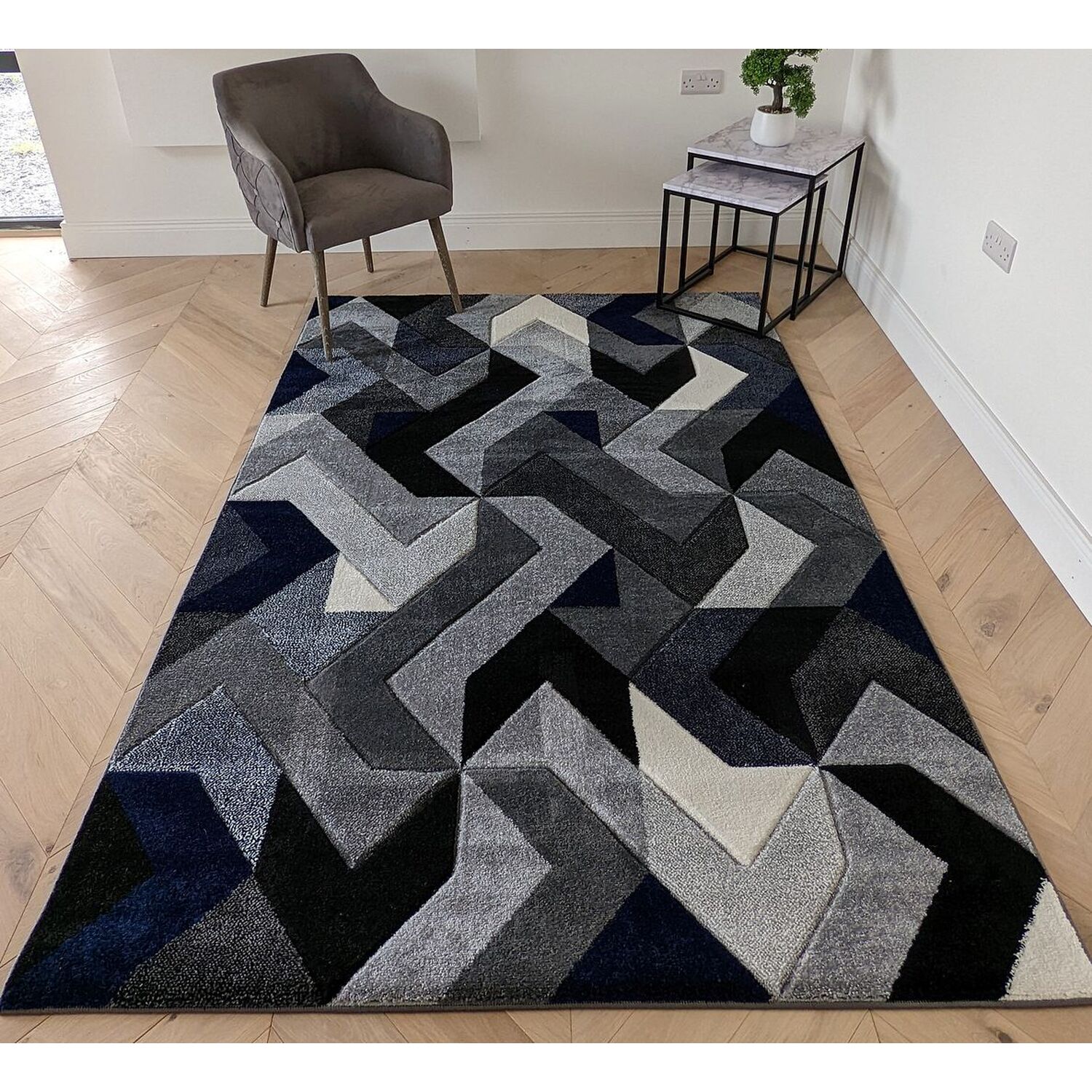 The Rug Wholesaler - Navy Blue Herringbone Area Rug - Boston - Blue / 160cm thumbnail