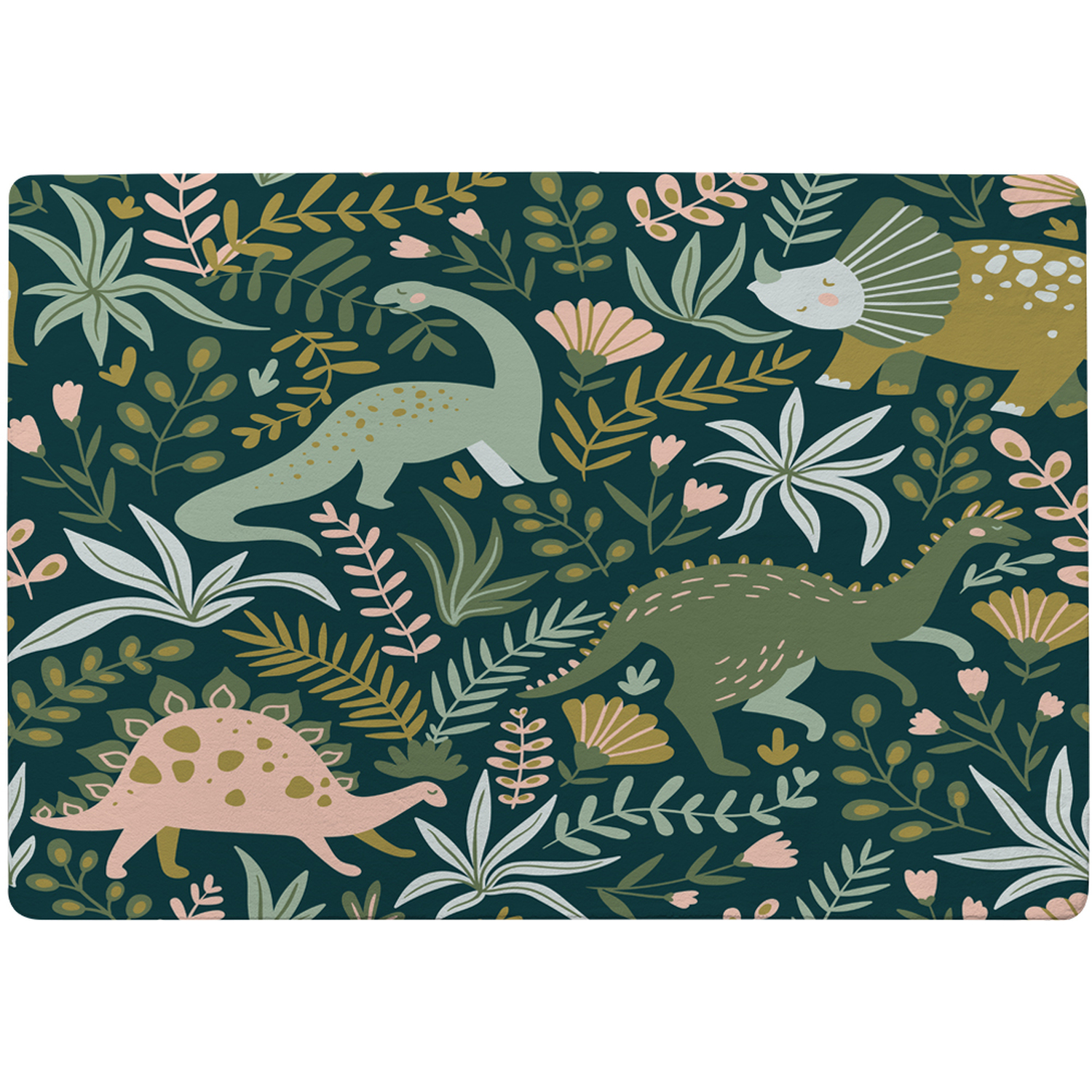 Hand Drawn Dinosaurs And Tropical Leaves And Flowers. Designer Rug - Green / 150cm