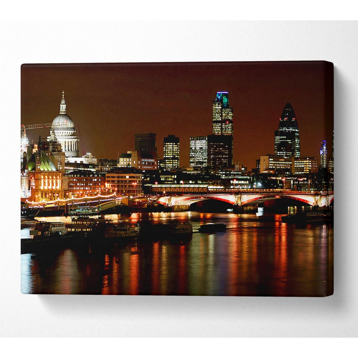Wallart-Direct - London Thames Night Lights Canvas Print Wall Art - Yellow / 101.6cm thumbnail