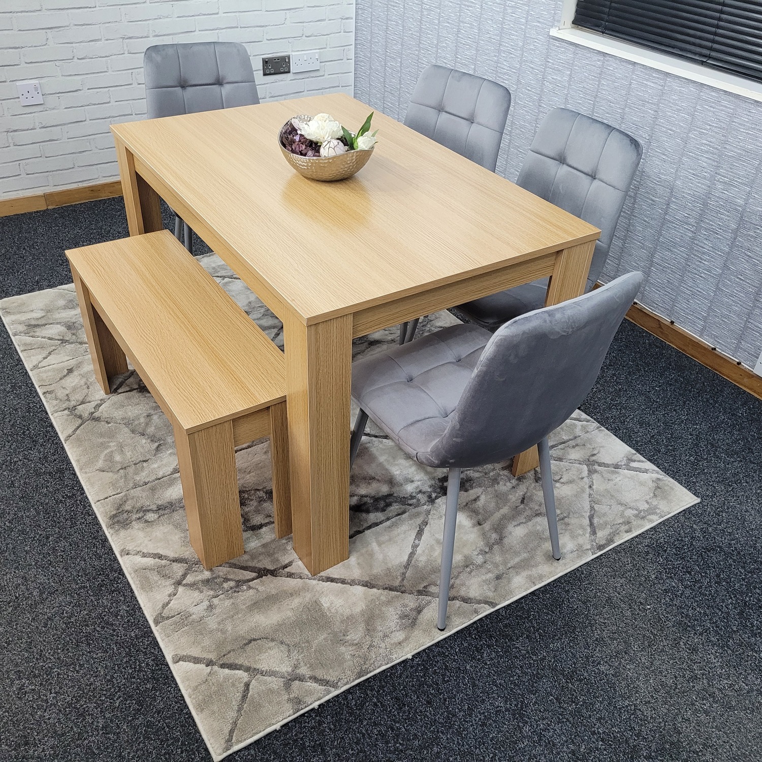 Oak Wooden Table With 4 Tufted Velvet Grey Chair And 1 Bench Dining Set - Oak Grey
