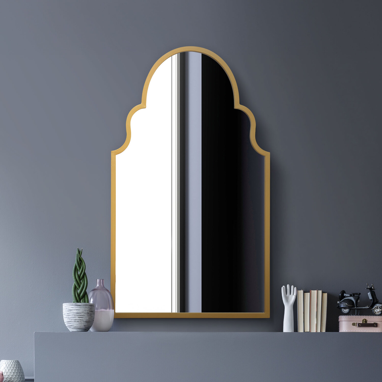 MirrorOutlet - Arcus Crown Overmantle Metal Framed Arched Wall Mirror - Gold thumbnail