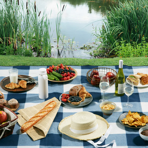 Navy / 180cm Picnic Blanket with Faux Leather Carry Handle shot 5183536